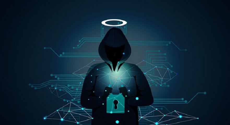 Ilustrasi sosok etichal hacker atau white hat hacker berjubah hitam dengan halo di kepala, memegang ikon gembok digital di tengah latar belakang sirkuit teknologi dan jaringan data